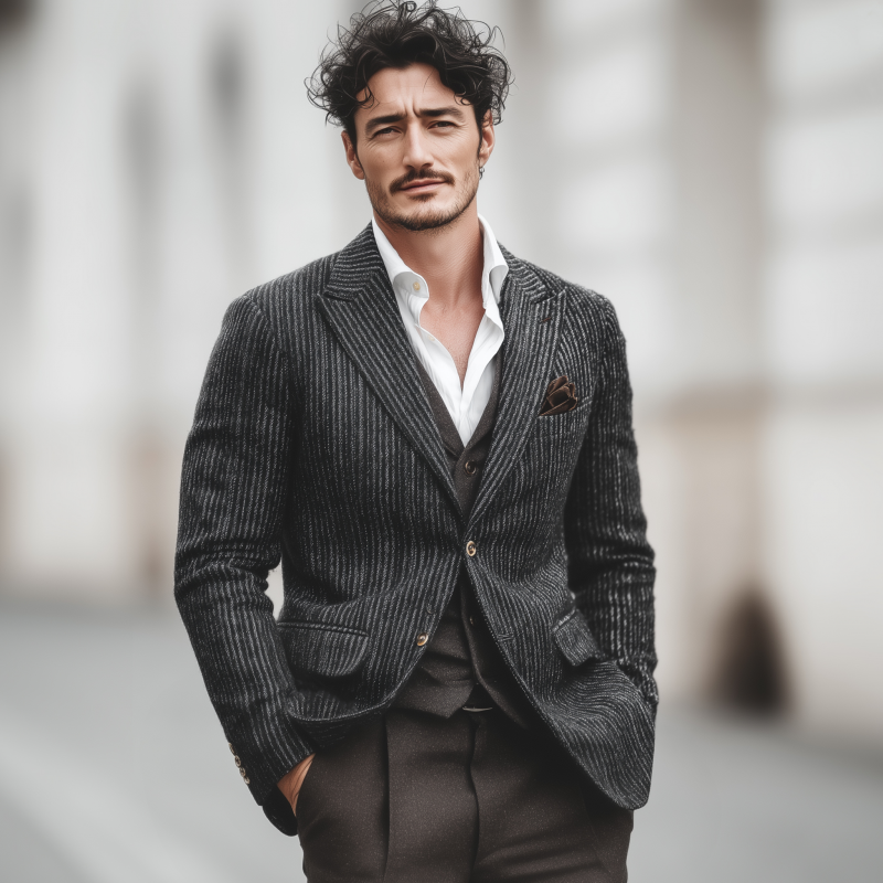 Men's Vintage Wool Blend Striped Peak Lapel Single-breasted Slim-fit Warm Blazer MTA1850H2M