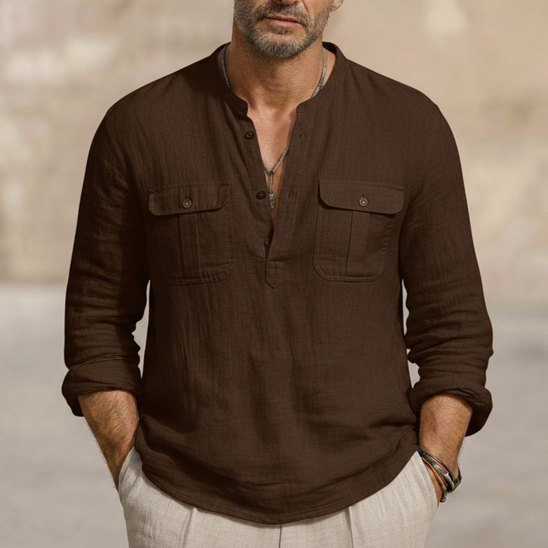 Men's Classic Brown Cotton Linen Long-Sleeve T-Shirt MTZ1015B2U