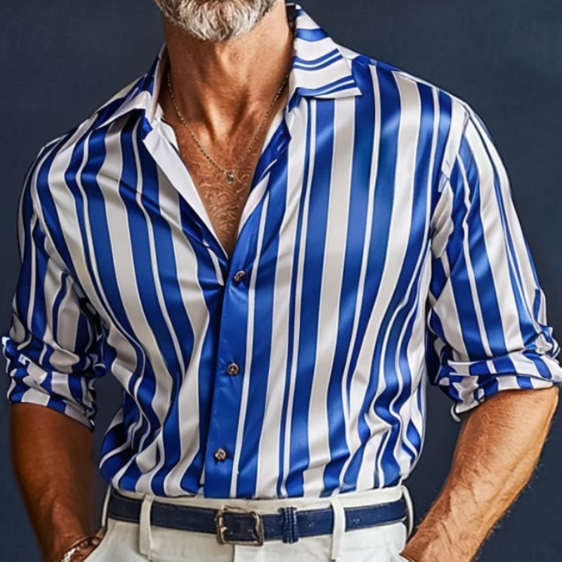 Men's Casual Striped Satin Lapel Loose Long Sleeve Shirt MTA1400E5M