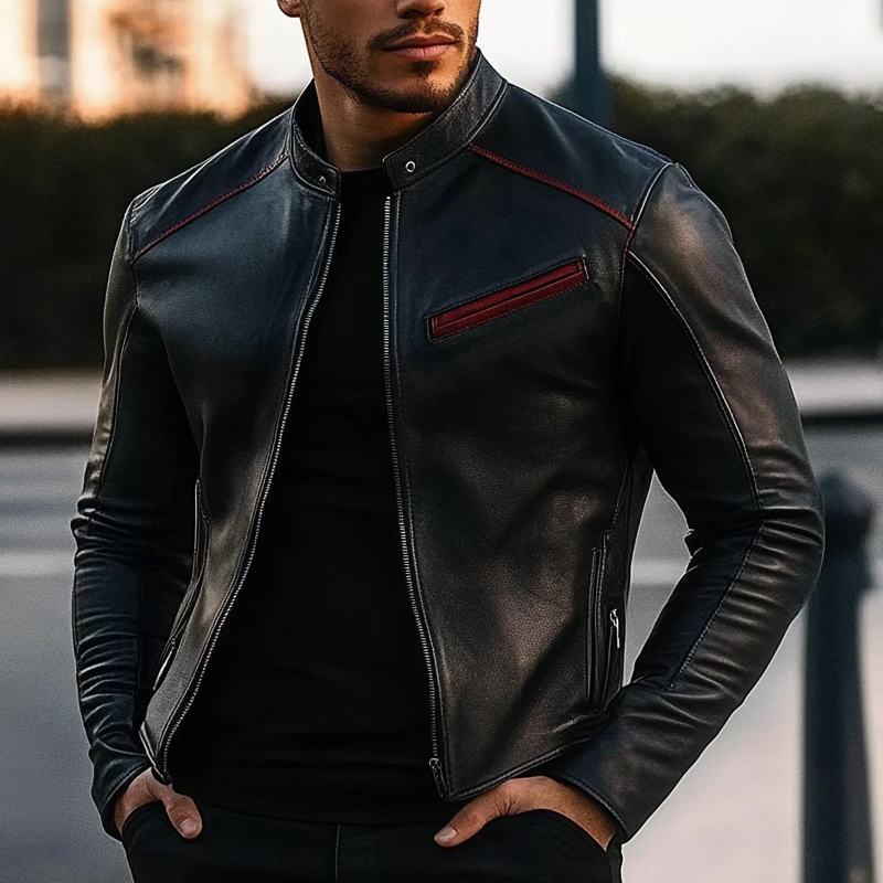Men's Contrast Color Stand Collar PU Zipper Slim Fit Jacket MTA1558I5X