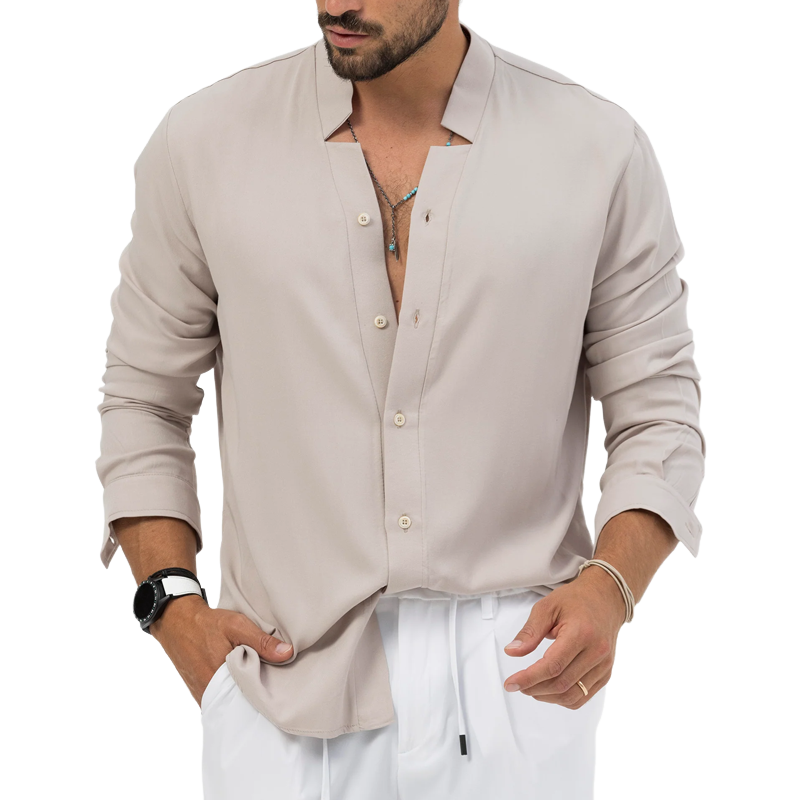 Men's Solid Color Notched V Neck Long Sleeve Shirt 66782706Z