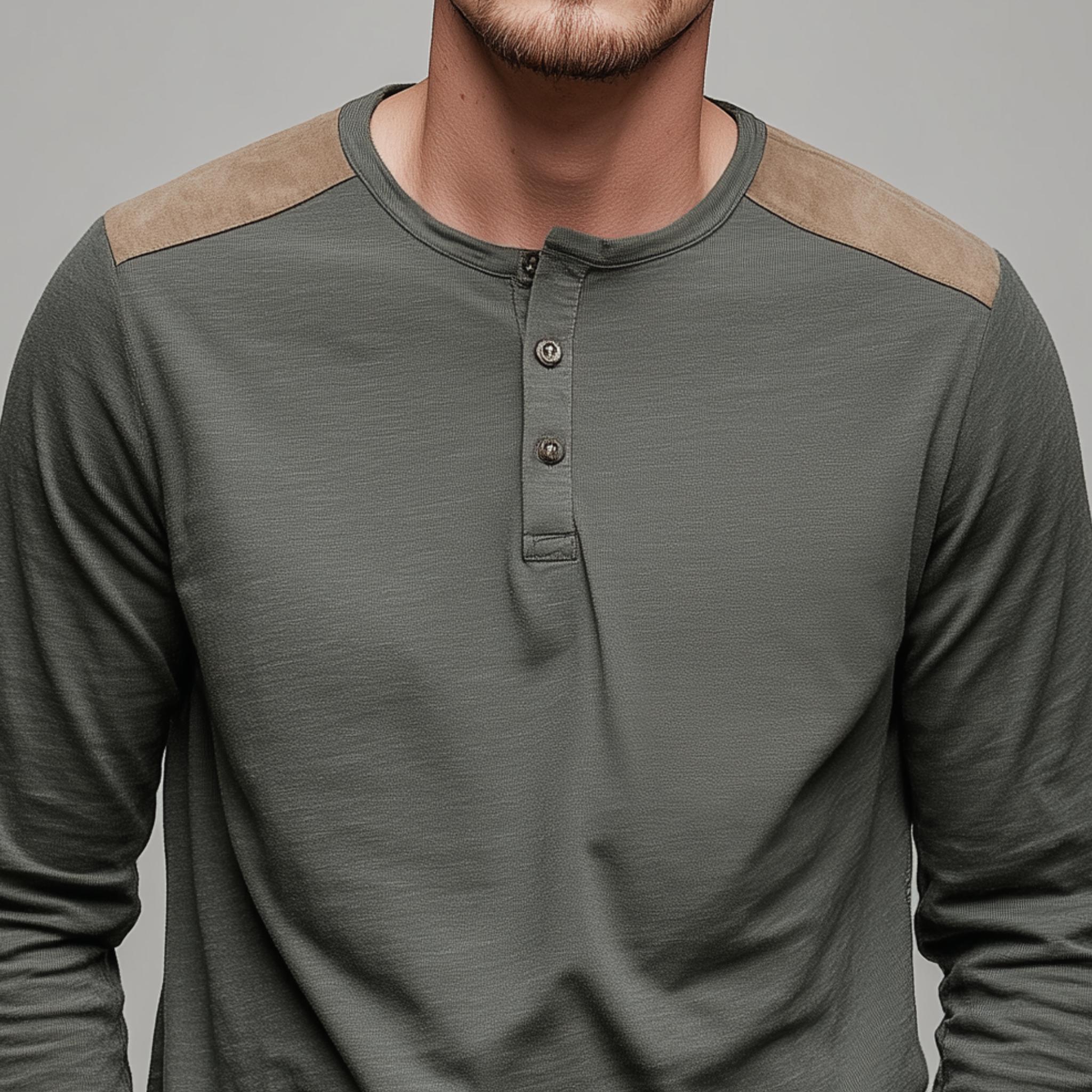 Men's Classic Casual Shoulder Paneling Thin Suede Henley Collar Bamboo Cotton Long Sleeve T-shirt MTA3054G1K