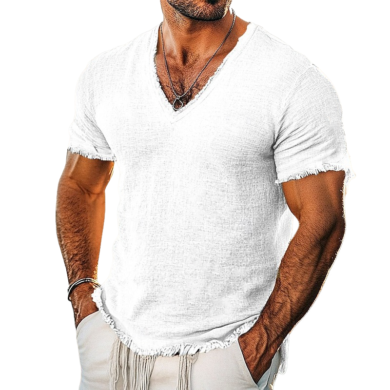 Men's Cotton And Linen Solid Color Raw Edge V-neck Short-sleeved T-shirt MTA2163G0X