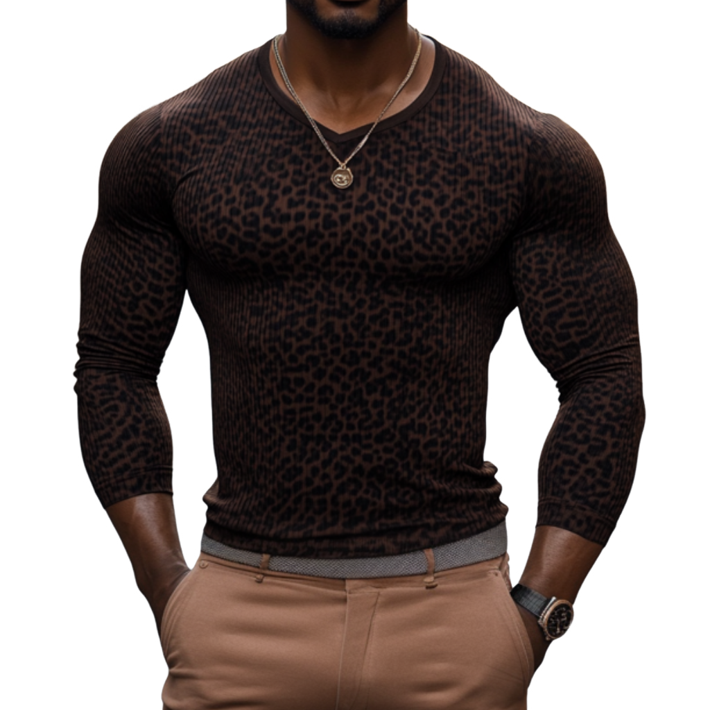 Men's Casual Leopard Stripe V-Neck Slim Fit Long Sleeve T-Shirt 87499665M