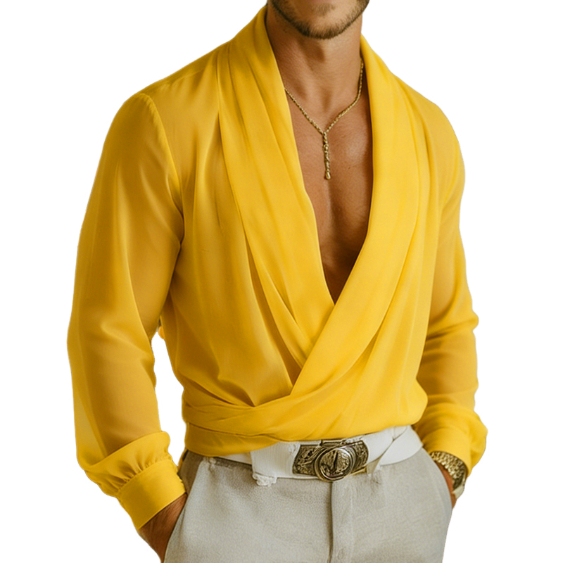 Men's Retro Casual Solid Color Chiffon V-Neck Pullover Long-Sleeve Shirt MTZ2243A0TO