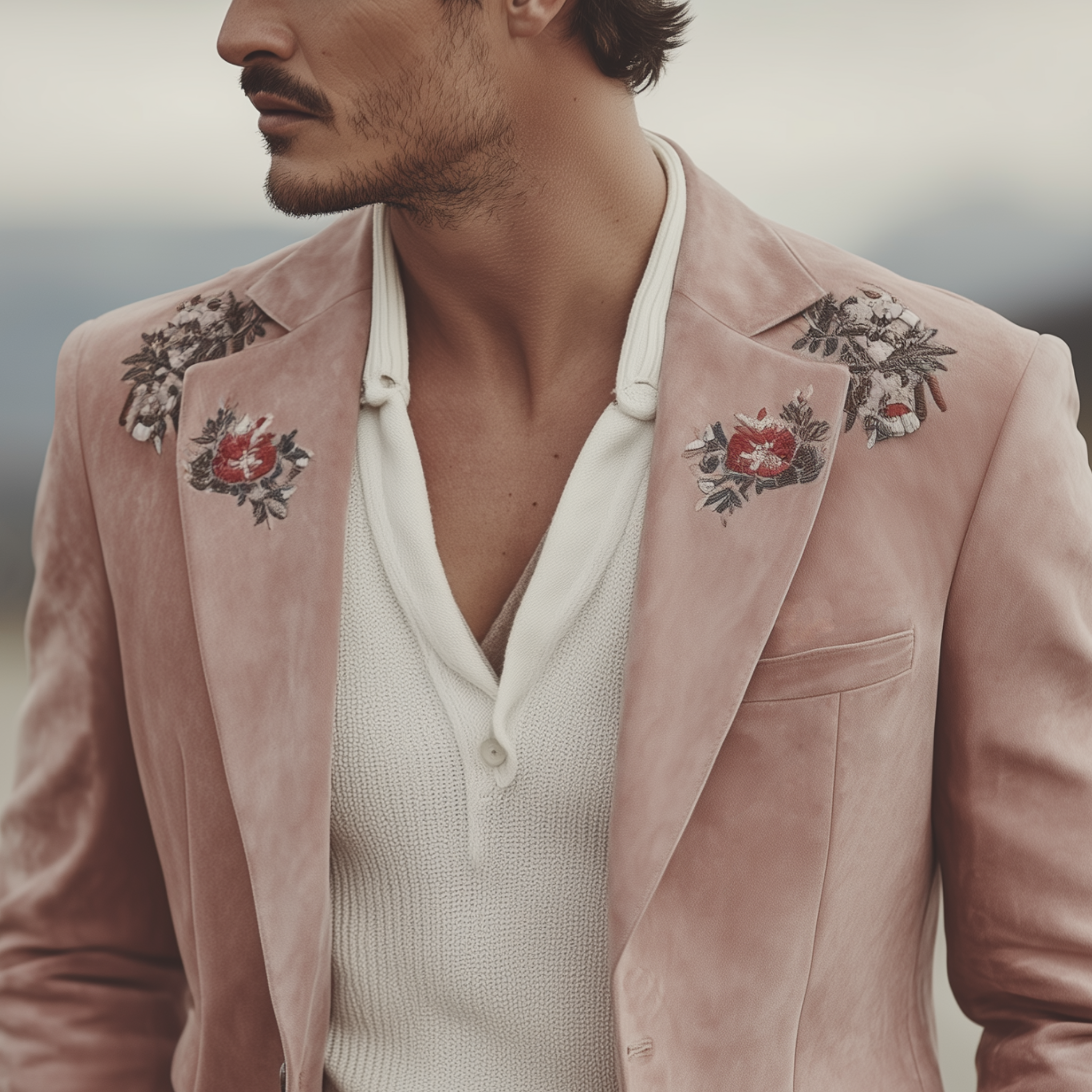 Men's Classic Vintage Embroidered Pink Suede Single-breasted Blazer MTA1547I8K