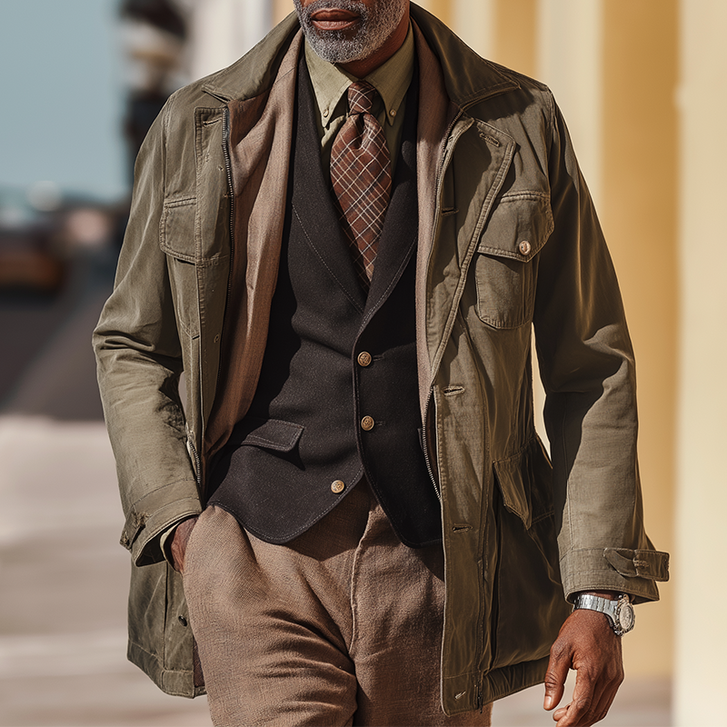 Men's American Retro Style Washed Cotton Blend Mid-Length Trench Coat Jacket MTA0292I2P