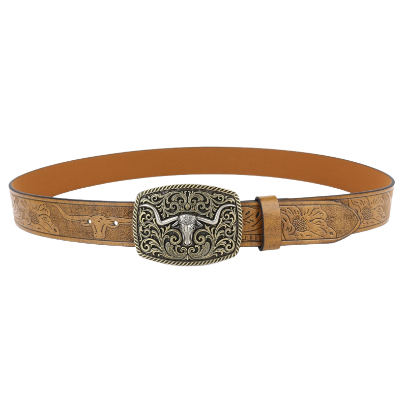 Men's Vintage Engraved Western Cowboy Leather Belt 66925597M