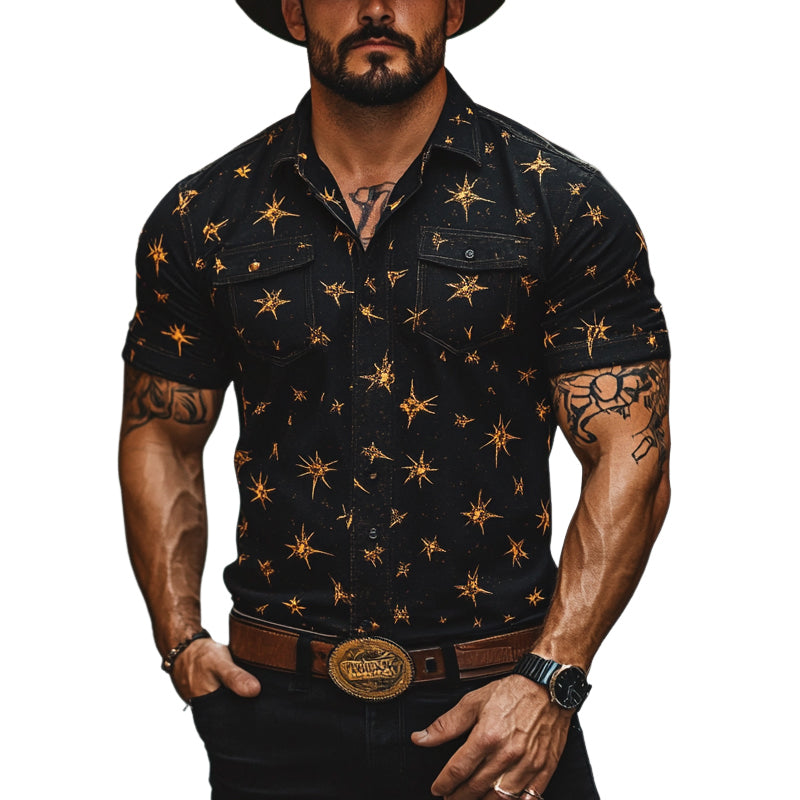 Men's Western Cowboy Star Print Short Sleeve Shirt MTA2993D7X