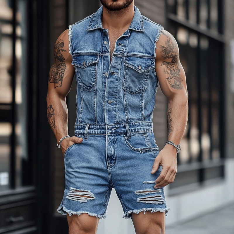 Men's Fashion Lapel Sleeveless Shorts Ripped Denim Jumpsuit MTA2303F2Y