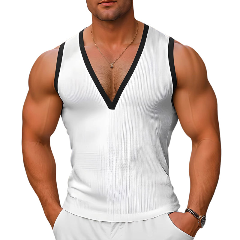 Men's Contrast V-Neck Waffle Tank Top MTA1148D8X