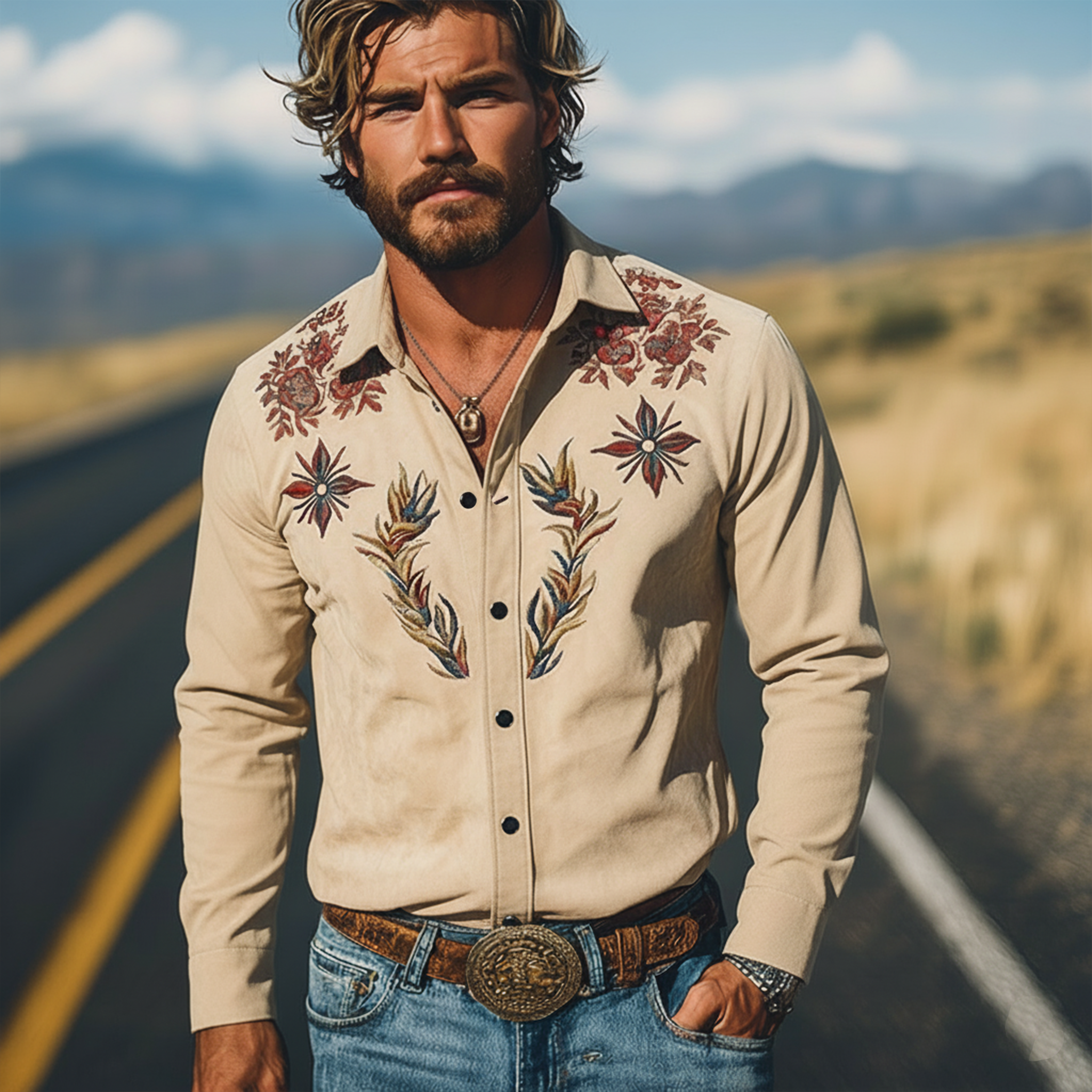 Men's Classic Casual Faux Suede Embroidered Long-sleeved Shirt MTZ0941A5K