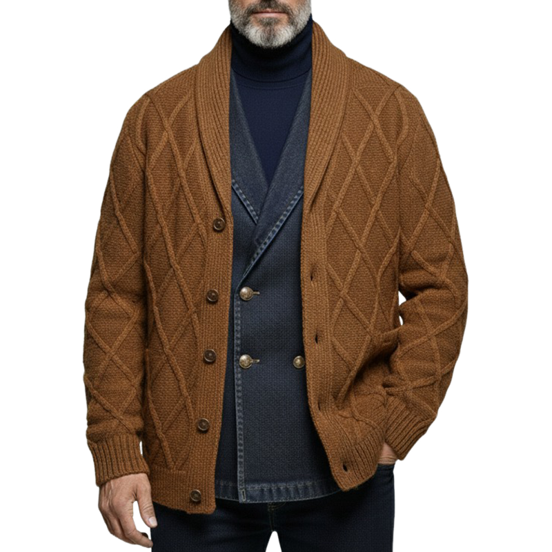 Men's Retro Plaid Jacquard Solid Color Lapel Knitted Start MTA1965I7X
