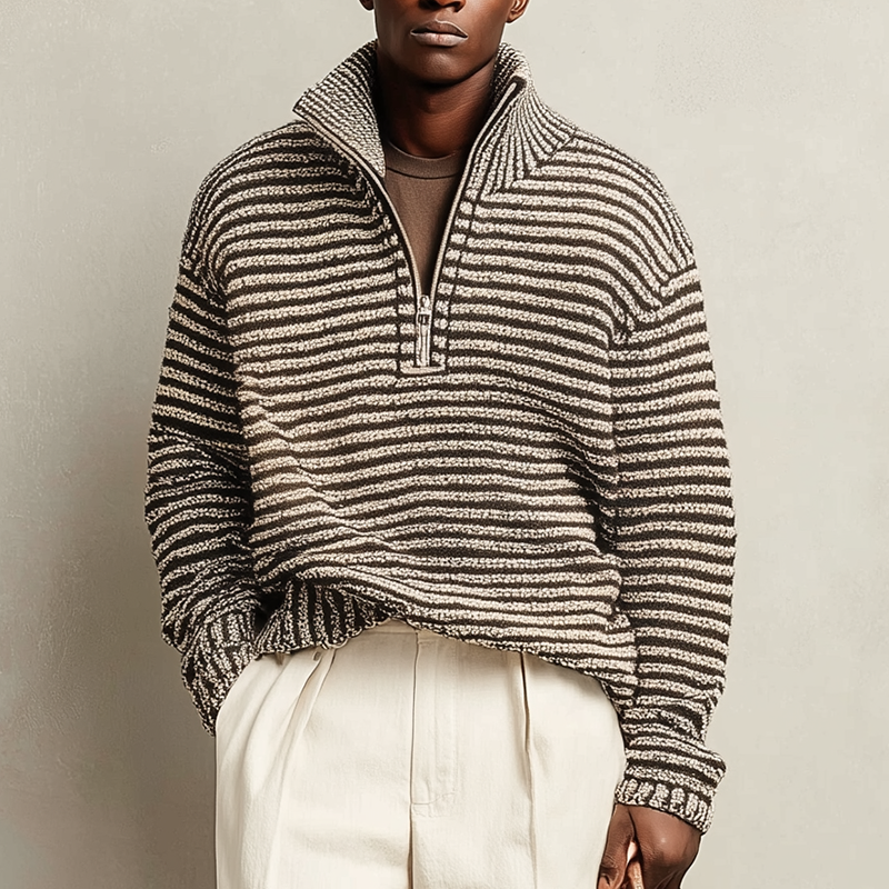 Men's Winter Fashion Striped Cotton Knitted Half-Zip Sweater MTA1433J7P