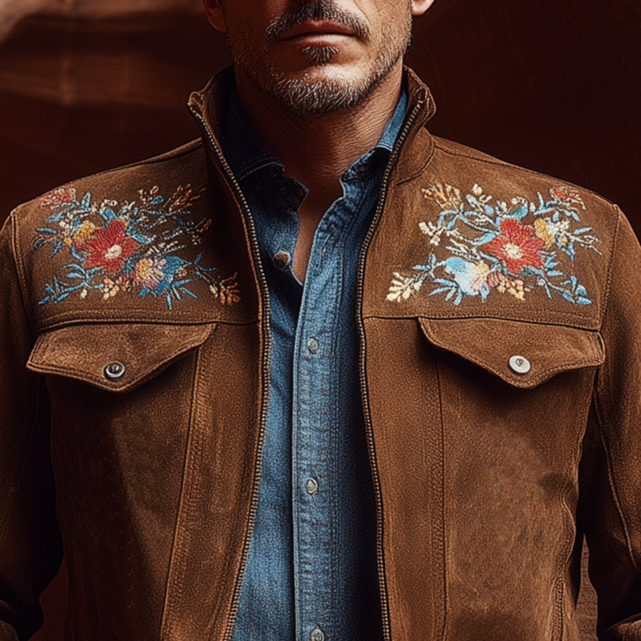 Men's Classic American Retro Western Style Stand Collar Embroidered Suede Jacket MTA2162H3K