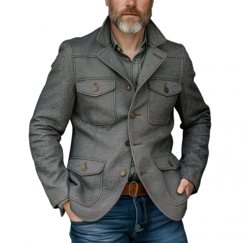 Men's Vintage Wool Blend Notch Lapel Single-breasted Multi-pocket Slim-fit Safari Jacket MTA1494H8M