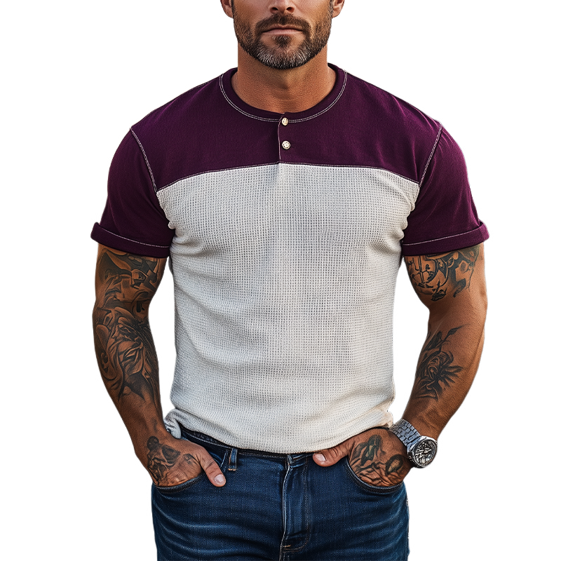 Men's Spring And Summer Casual Cotton Blend Splicing Waffle Henry Collar Short Sleeve T-Shirt MTA0125G2K