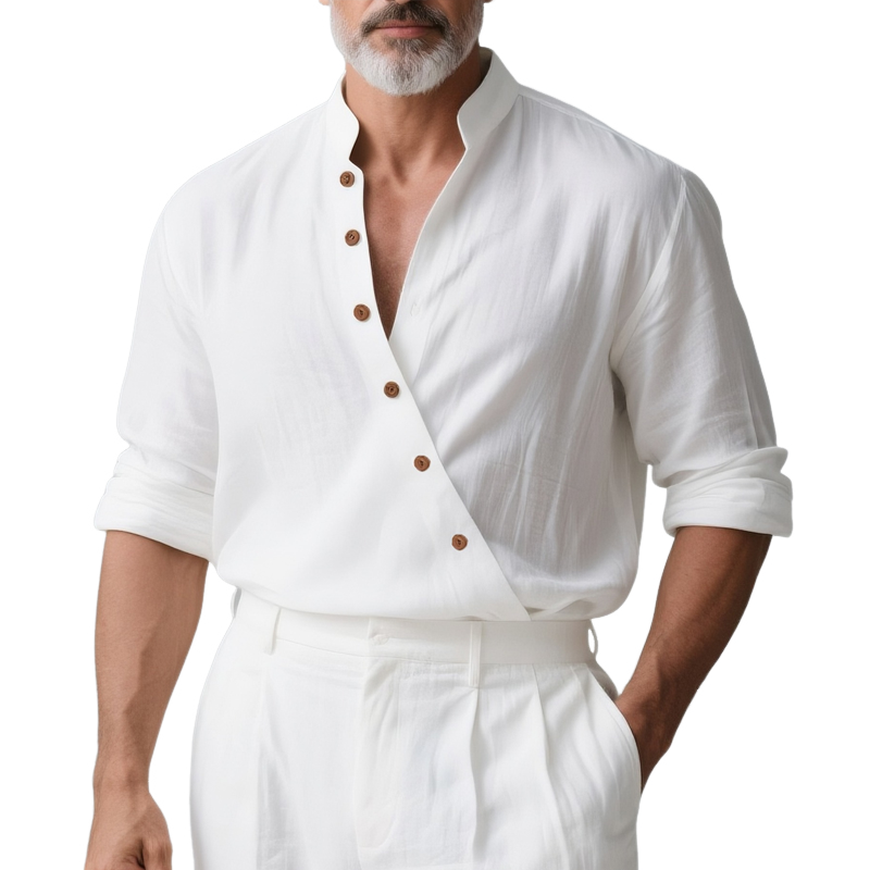 Men's Solid Color Cotton And Linen Slanted Placket Long Sleeve Shirt MTA2824G9Z