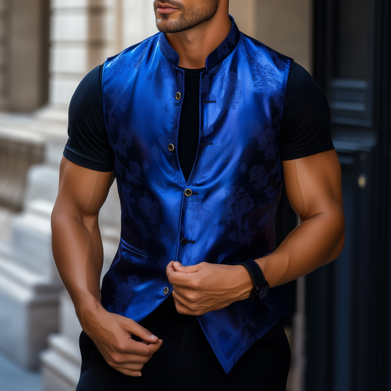 Men's Vintage Elegant Satin Jacquard Stand Collar Single Breasted Slim Suit Vest MTA2420G0M