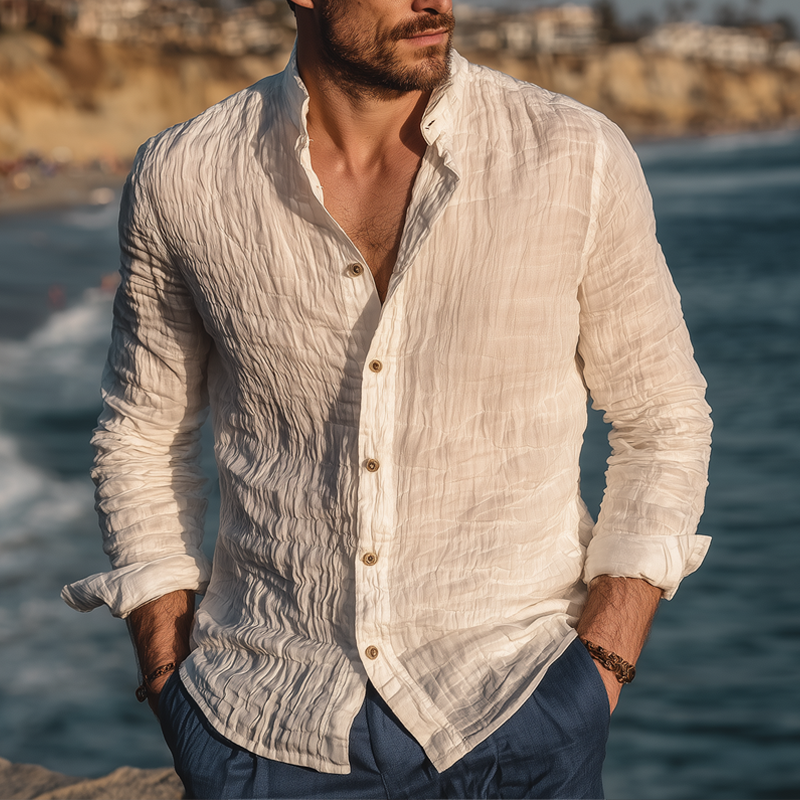 Men's Lightweight Crinkled Ripple Chiffon Stand Collar Long Sleeve Shirt MTA1653G4Z