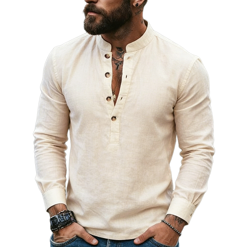 Men's Vintage Casual Solid Color Cotton-Linen Henley Long-Sleeve Shirt MTZ2734A4TO