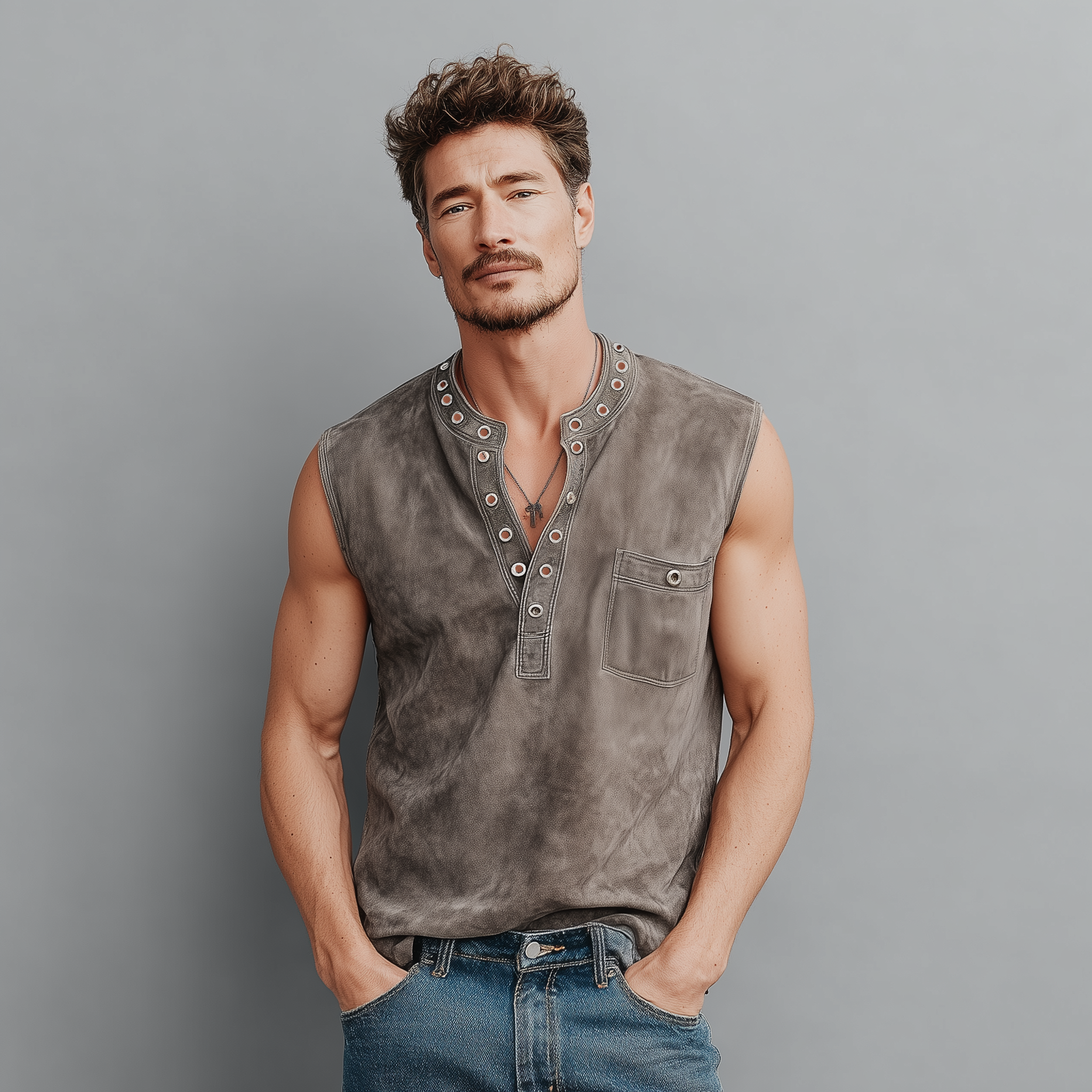 Men's Spring And Summer Casual Thin Suede Henry Collar Decorated Rivet Slim Fit Tank Top MTA1856G1K