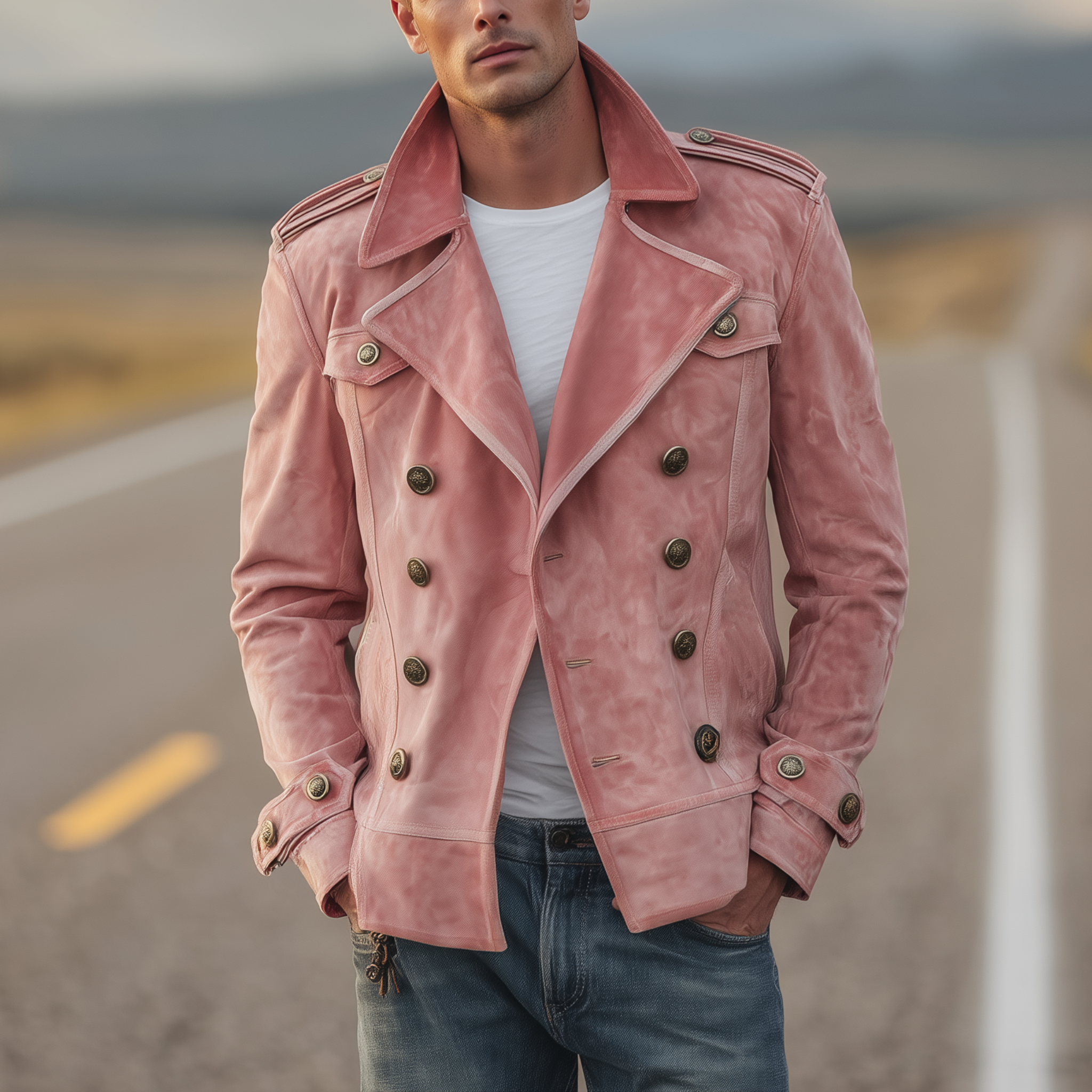 Men's Classic Retro Western Style Lapel Suede Epaulette Double-breasted Jacket MTA0801H7K