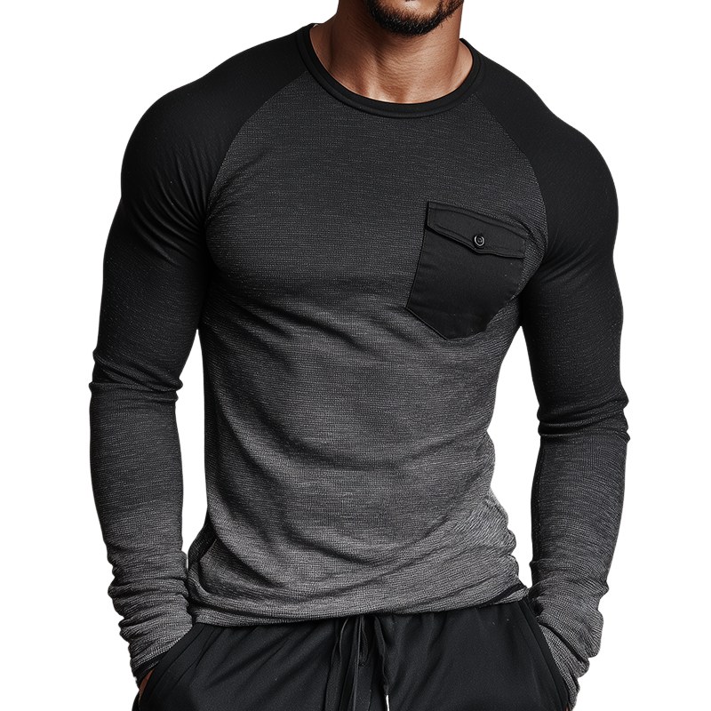 Men's Retro Casual Gradient Print Slim Pocket Round Neck Long Sleeve T-shirt MTA1372H8TO