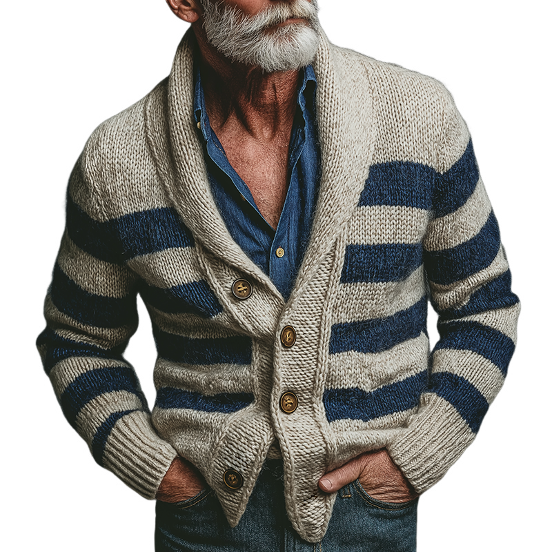Men's Retro Casual Striped Knitted Colorblock Sweater Button Cardigan MTA1688J3TO