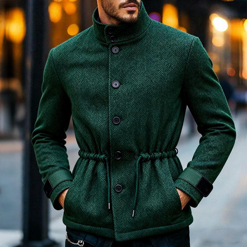 Men's Retro Casual Herringbone Drawstring Stand Collar Jacket MTA1451K1TO