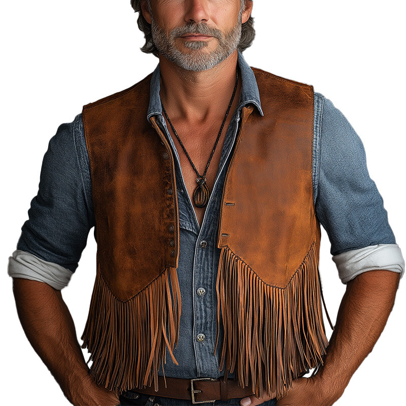 Men's Summer Western Cowboy Style Leather Tassel Vest MTA2995D9P