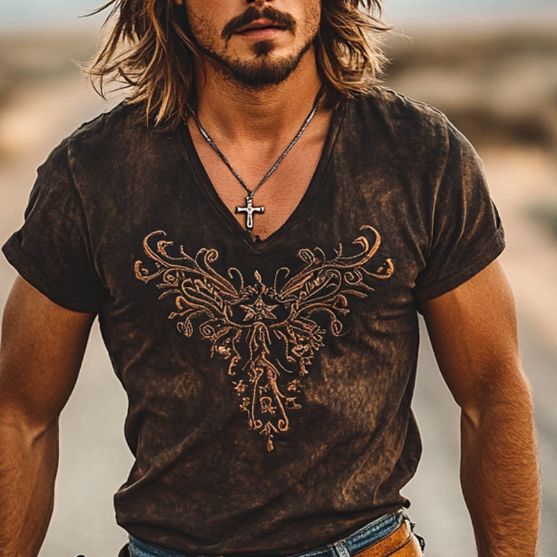 Men's Western Cowboy Retro V-neck Embroidered Short Sleeve T-shirt MTA1389E4X
