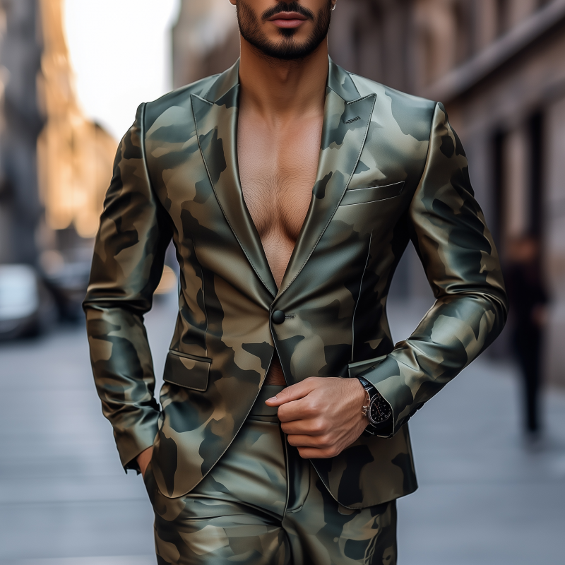 Men's Vintage Camouflage Print Satin Peak Lapel Single Breasted Slim Fit Blazer MTA2887G4M