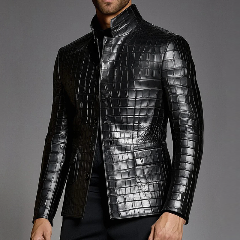 Men's Retro Casual Crocodile Pattern PU Embossed Stand Collar Jacket MTA1186K1TO