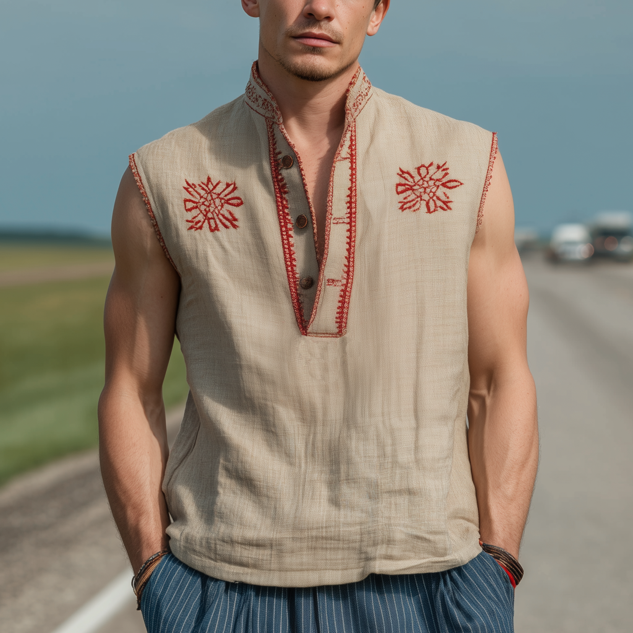 Herretopp med brodert henleykrage og løs, klassisk, vestlig stil i bomull og lin, MTA2359G1K