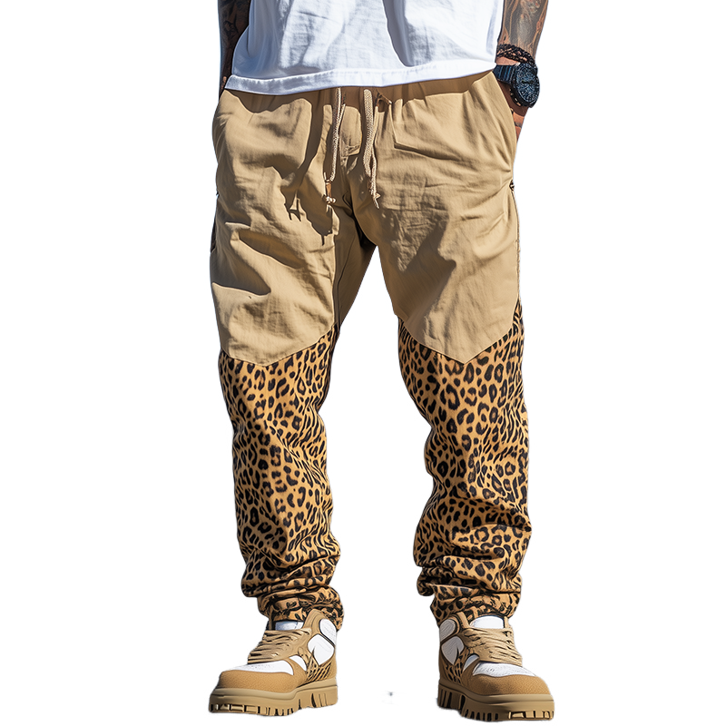 Men's Spring And Summer Casual Western Cowboy Style Cotton And Linen Splicing Leopard Print Elastic Waist Cuff Pants MTA1647E2K