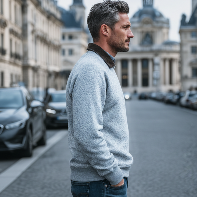 Men's Retro Light Grey Colorblock Lapel Casual Sweatshirt MTA1699J4U