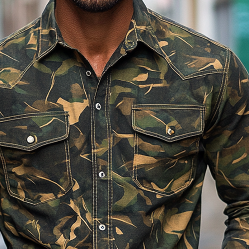 Men's Outdoor Camouflage Print Lapel Long-sleeved Shirt MTA3062I6X