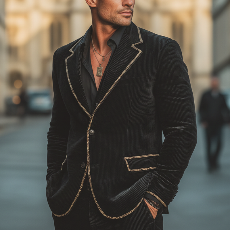 Men's Business Corduroy Embroidered Two-button Double-vented Slim-fit Blazer MTA1695L0U