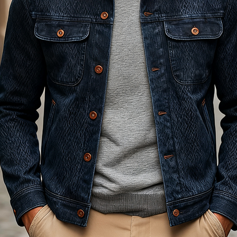 Men's Vintage Washed Textured Lapel Single-breasted Denim Jacket MTA2004J1X