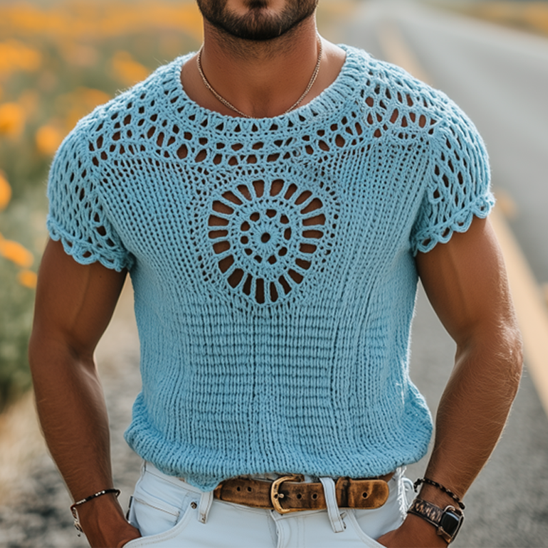 Men's Summer Fashion Casual Hollow Crochet Round Neck Knitted Short Sleeve T-shirt MTA2791F1K