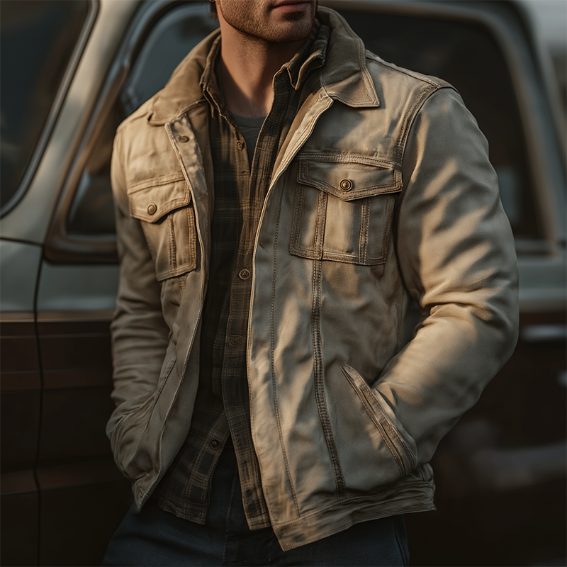 Men's Vintage Casual Western Style Cotton Washed Distressed Lapel Jacket MTA2832H5TO