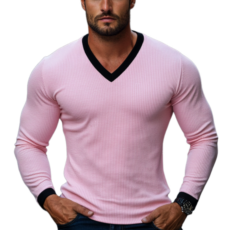 Hudvennlig ottomansk ribbe for menn Colorblock Slim Fit Langermet T-skjorte med V-hals 72777049Y