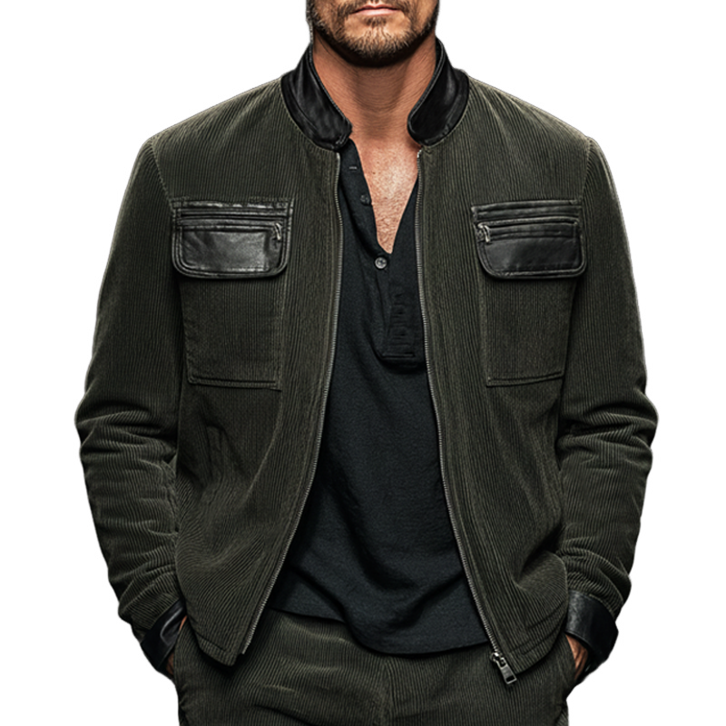 Men's Vintage Corduroy And PU Leather Patchwork Zipper Jacket MTA2268J8U