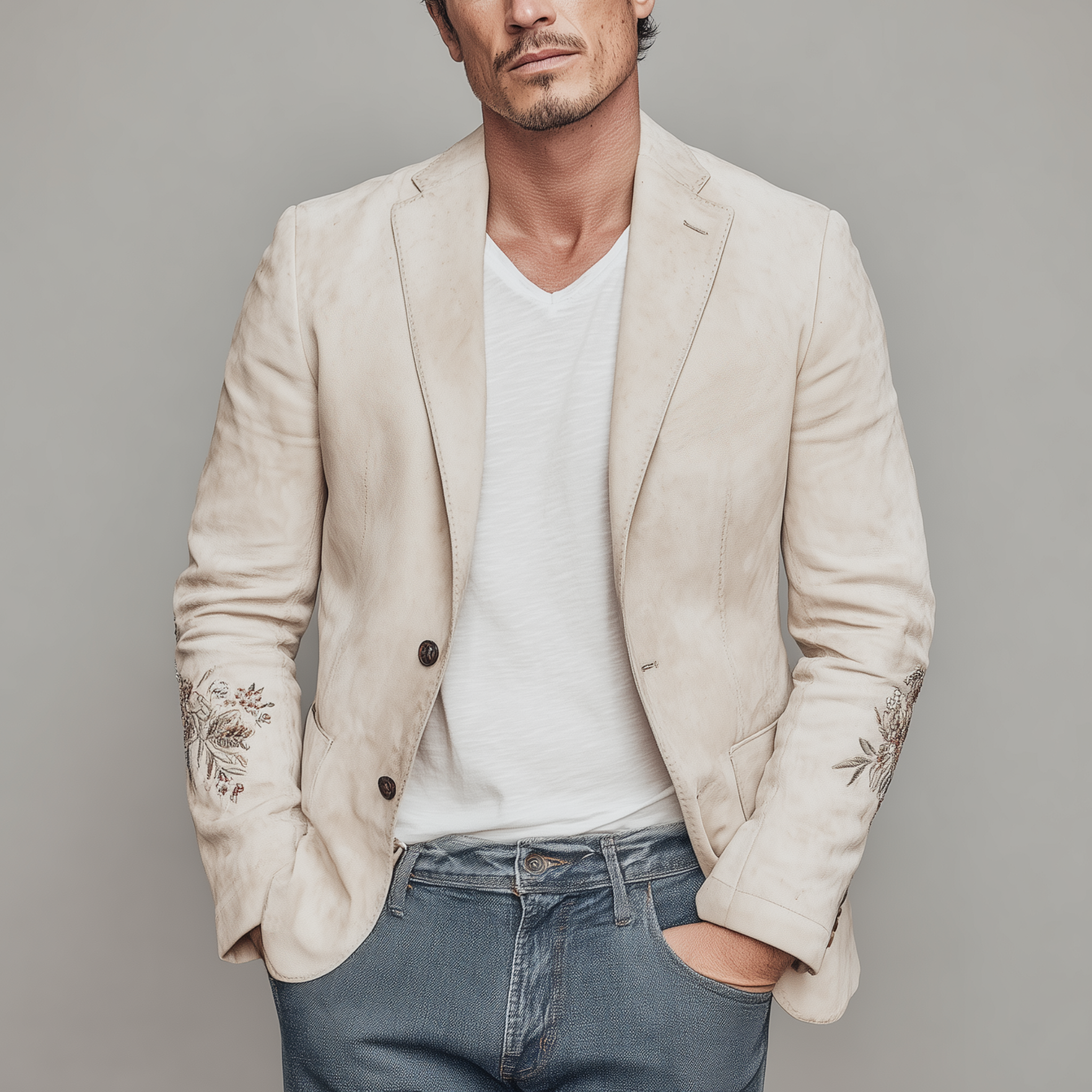 Men's Spring Fashion Casual Solid Color Thin Suede Cuff Embroidery Single Breasted Blazer MTA1848G4K