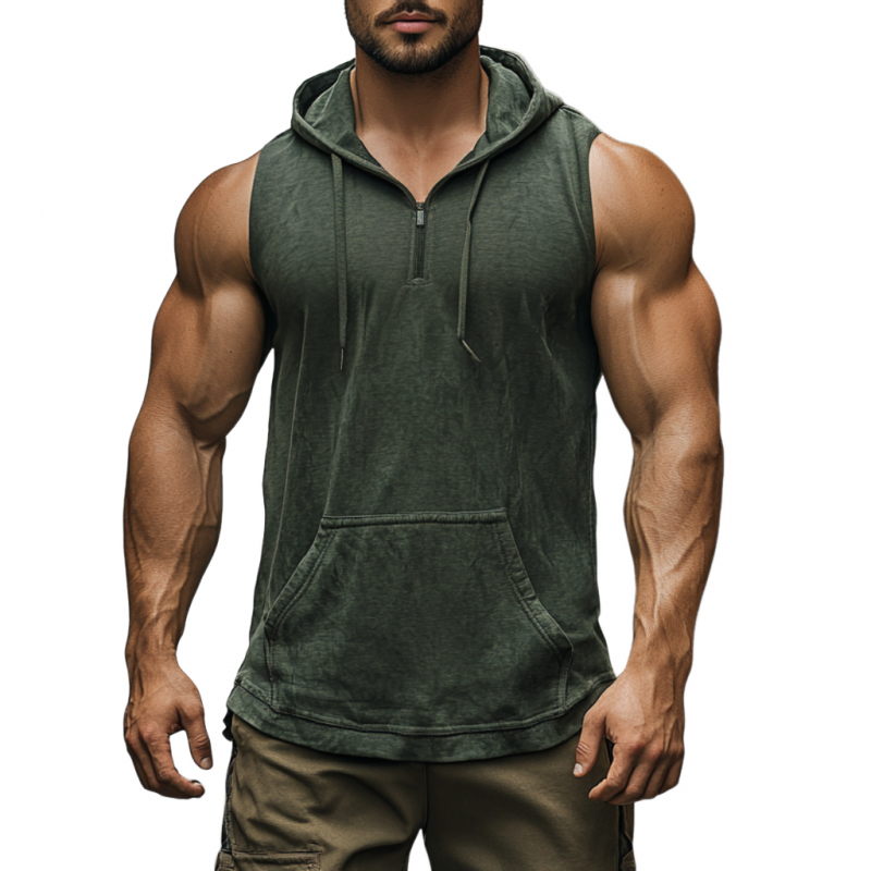 Men's Casual Distressed Cotton Zipper Neck Kangaroo Pocket Hooded Loose Tank Top MTA2975D5M