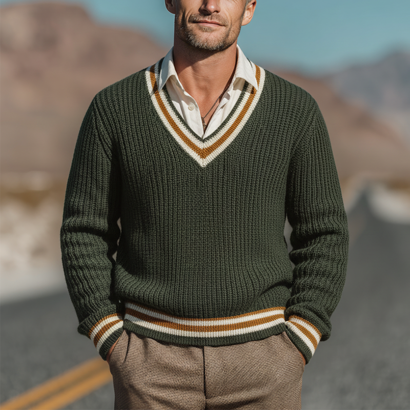 Men's Autumn Fashion Cotton Knitted Contrast Color V-Neck Sweater MTA1736I9P