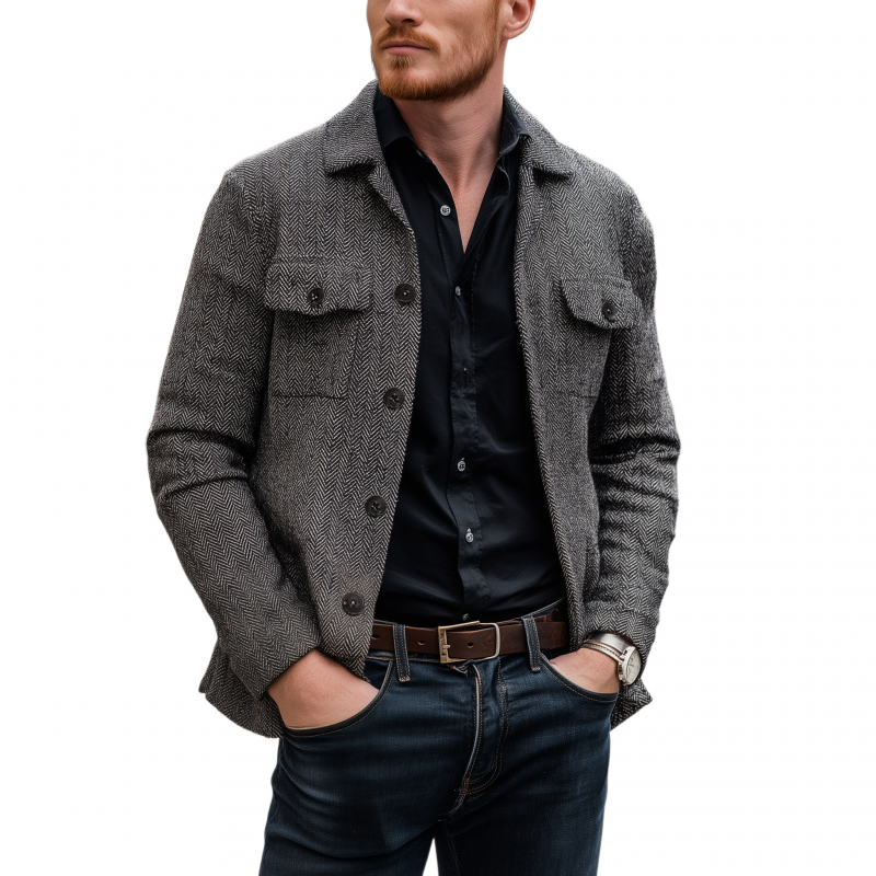 Men's Vintage Wool Blend Herringbone Lapel Flap Chest Pocket Loose Long Sleeve Shirt Jacket MTA1817H0M
