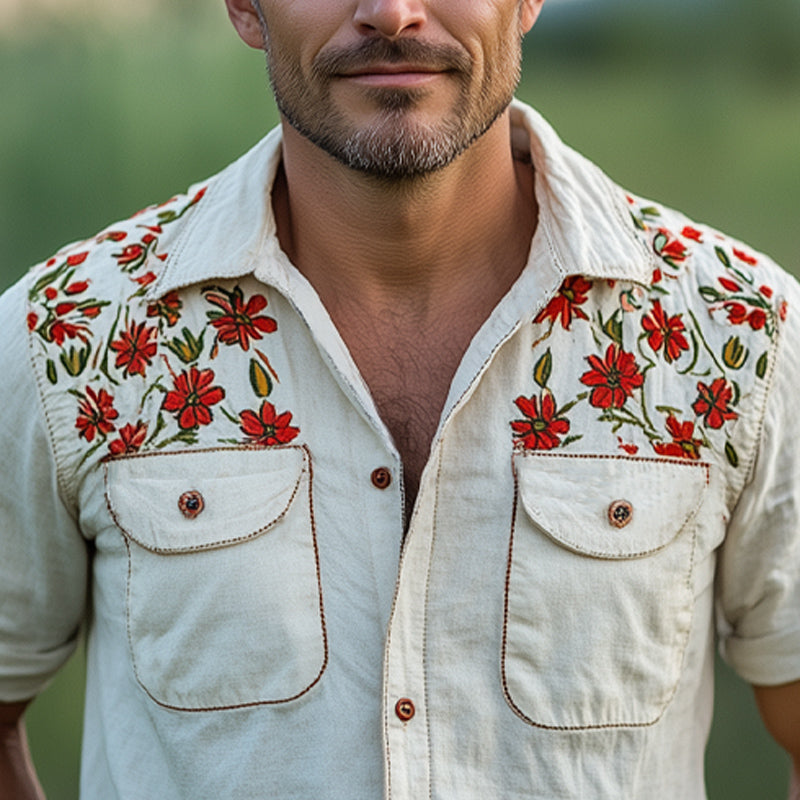 Men's Summer Cotton Floral Embroidery Short Sleeve Shirt MTA2810D5U