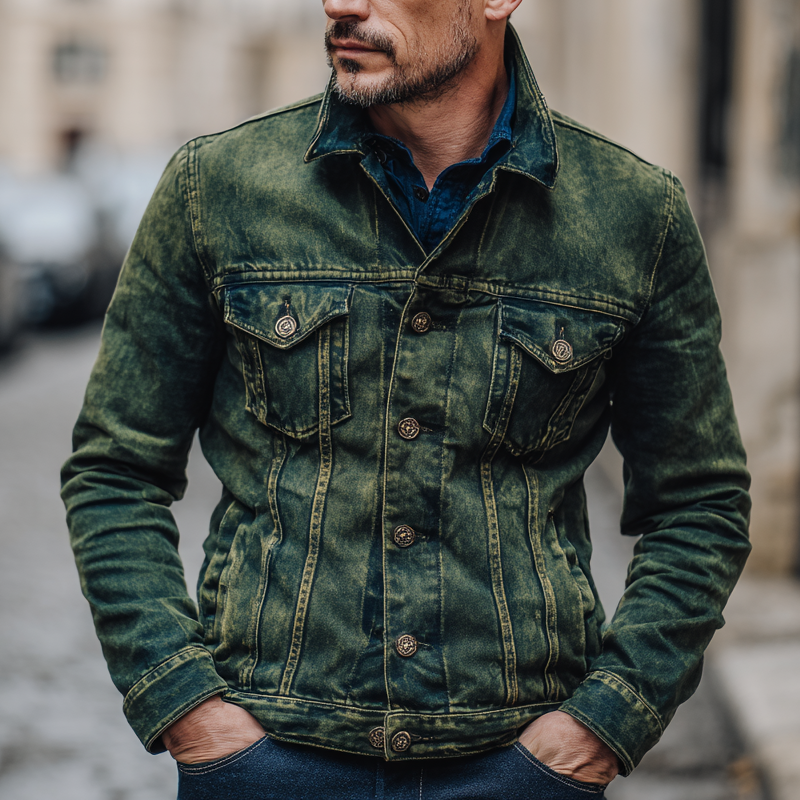 Men's Vintage Distressed Denim Lapel Slim Fit Jacket MTA1369H3X
